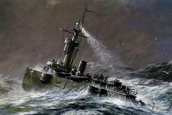 Warship, storm, sea