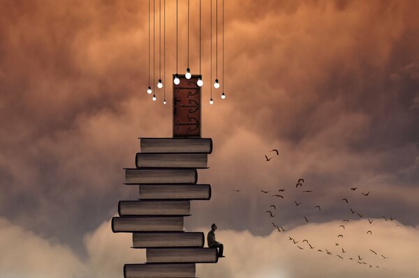 El hombre va al cielo a la puerta por las escaleras de los libros