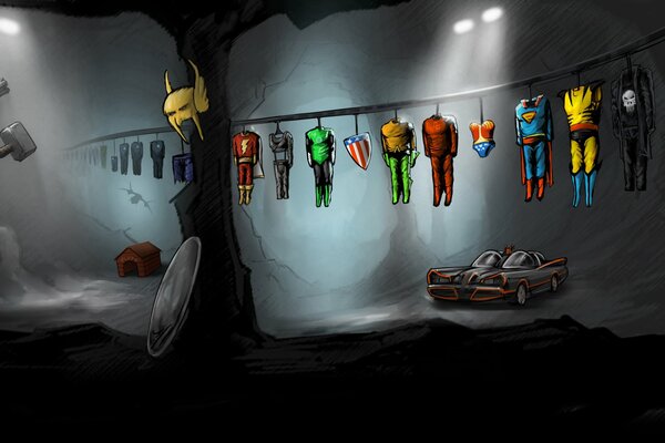Caricatura de personajes de superhéroes en la cueva