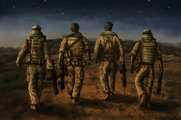 Artistic depiction of soldiers in the desert war