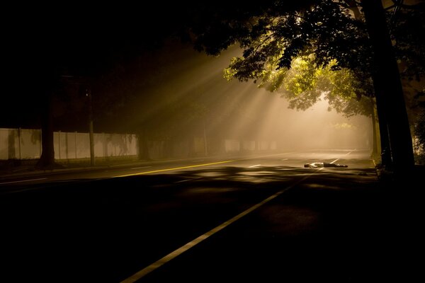 La calle nocturna está cubierta de niebla