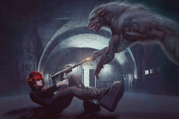 Photo art of a girl defending herself from a wolf with gun shots