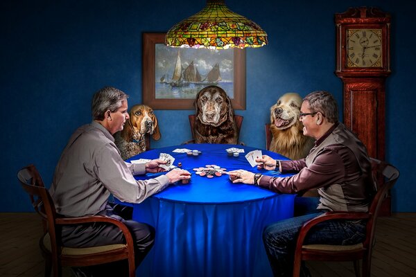 Men playing poker with dogs