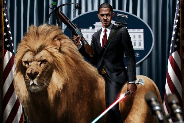 The President of America riding a lion
