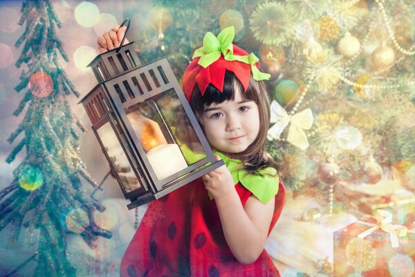 Photoshoot de Noël d une fille en costume avec une lampe de poche