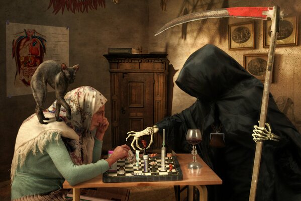 A grandmother in a headscarf with a thin gray cat on her back is playing chess with death with a scythe