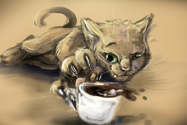 Dibujo de un gatito jugando con una taza