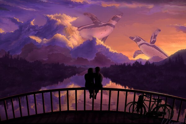 Влюбленная пара сидит на перилах моста, любуясь на сиреневый закат с летающими черепахами