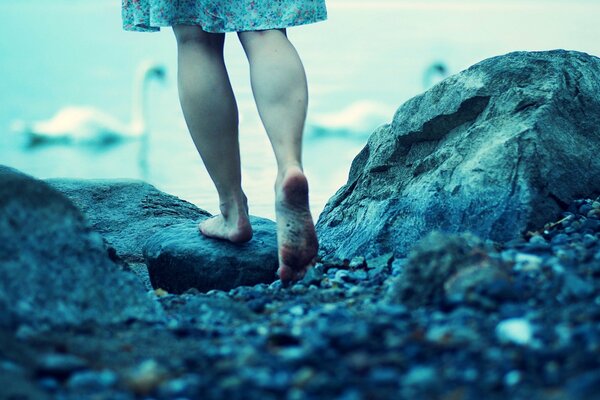 Na tle wody dziewczyna w niebieskiej sukience obserwuje łabędzie