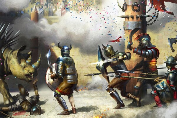 Gladiators vs rhinos. Battle