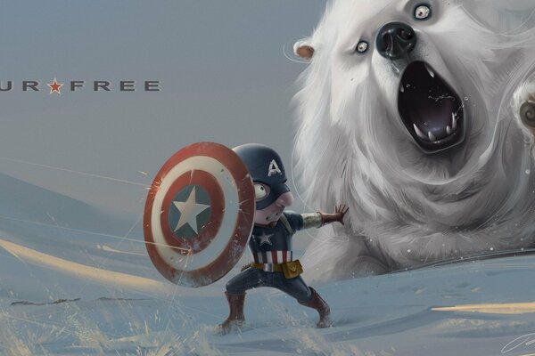 Captain America with a shield and a polar bear