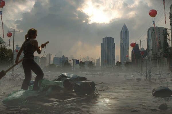 A girl on a boat among the flooded tasks