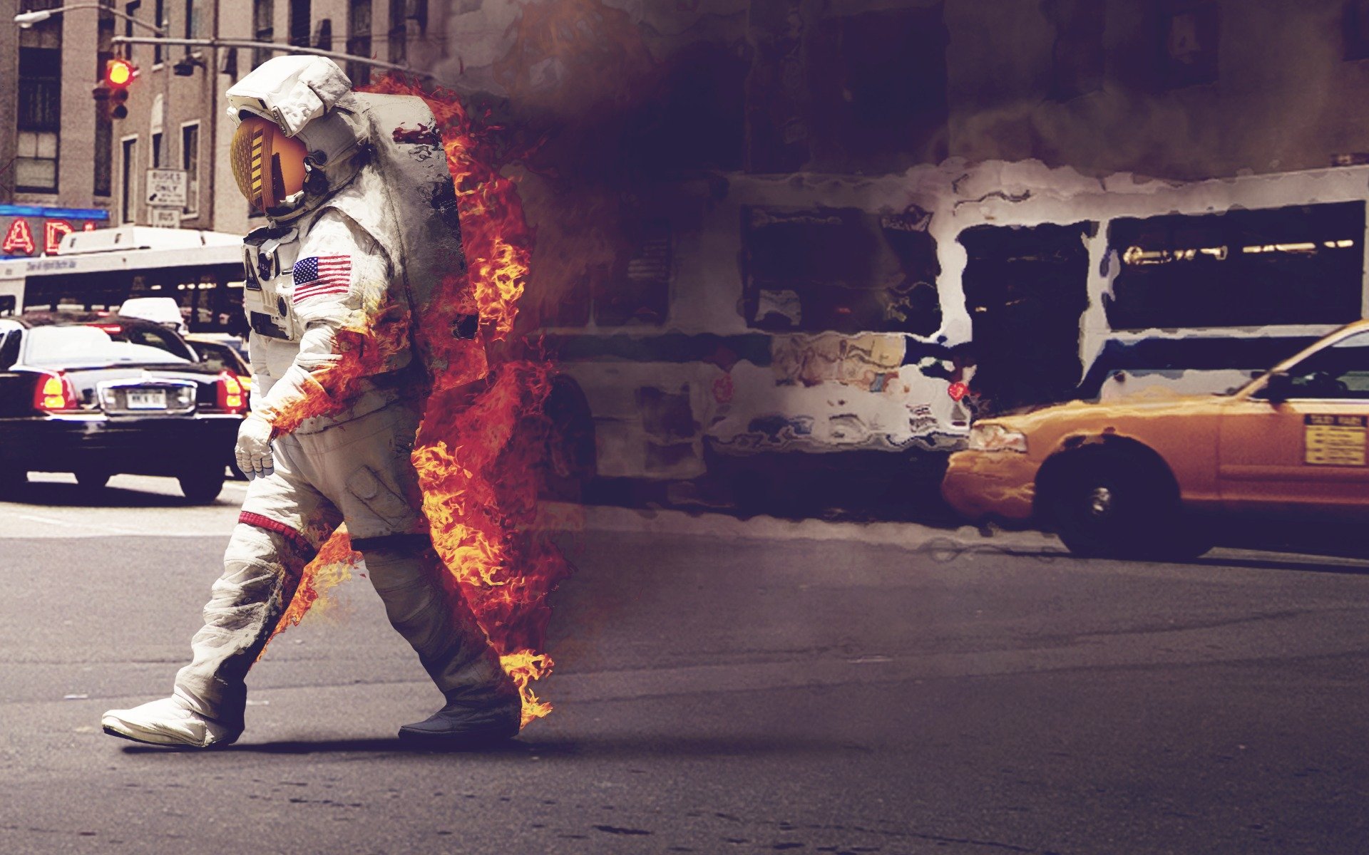 ville rue voiture un taxi un astronaute des armures de feu de la fumée