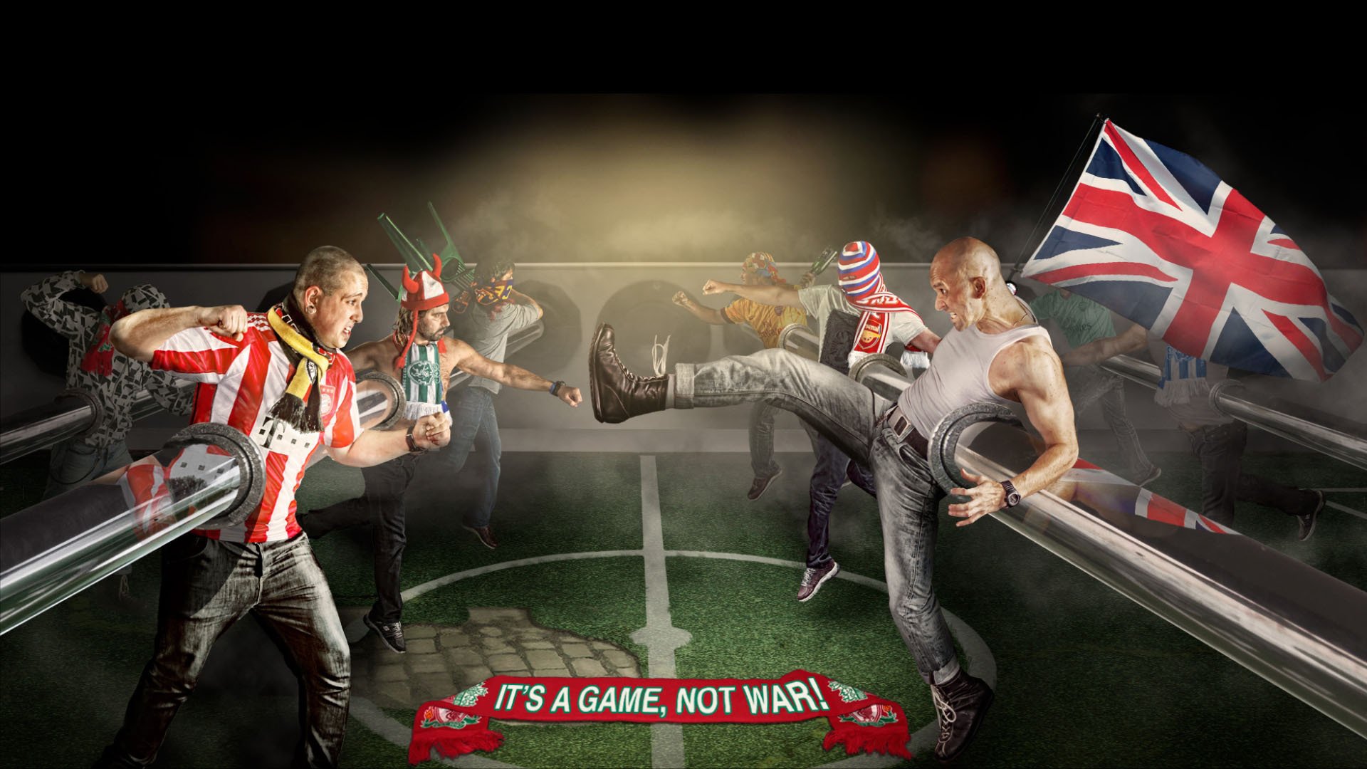 it s a game-not war this game not war football fans fight flags background