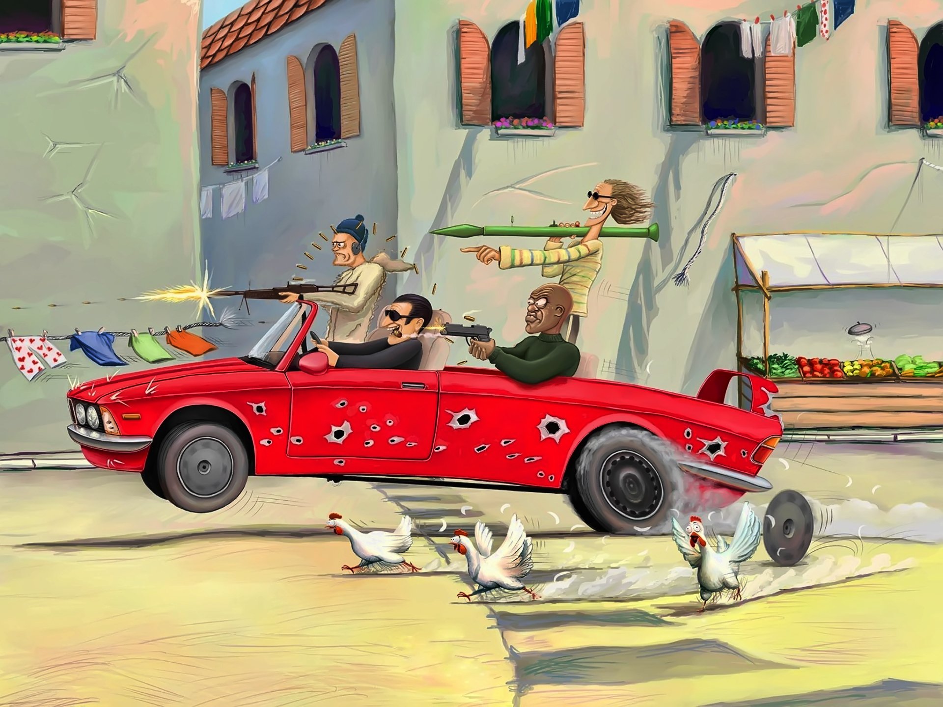 disegno umorismo strada auto uomini banditi inseguimento armi polli finestre