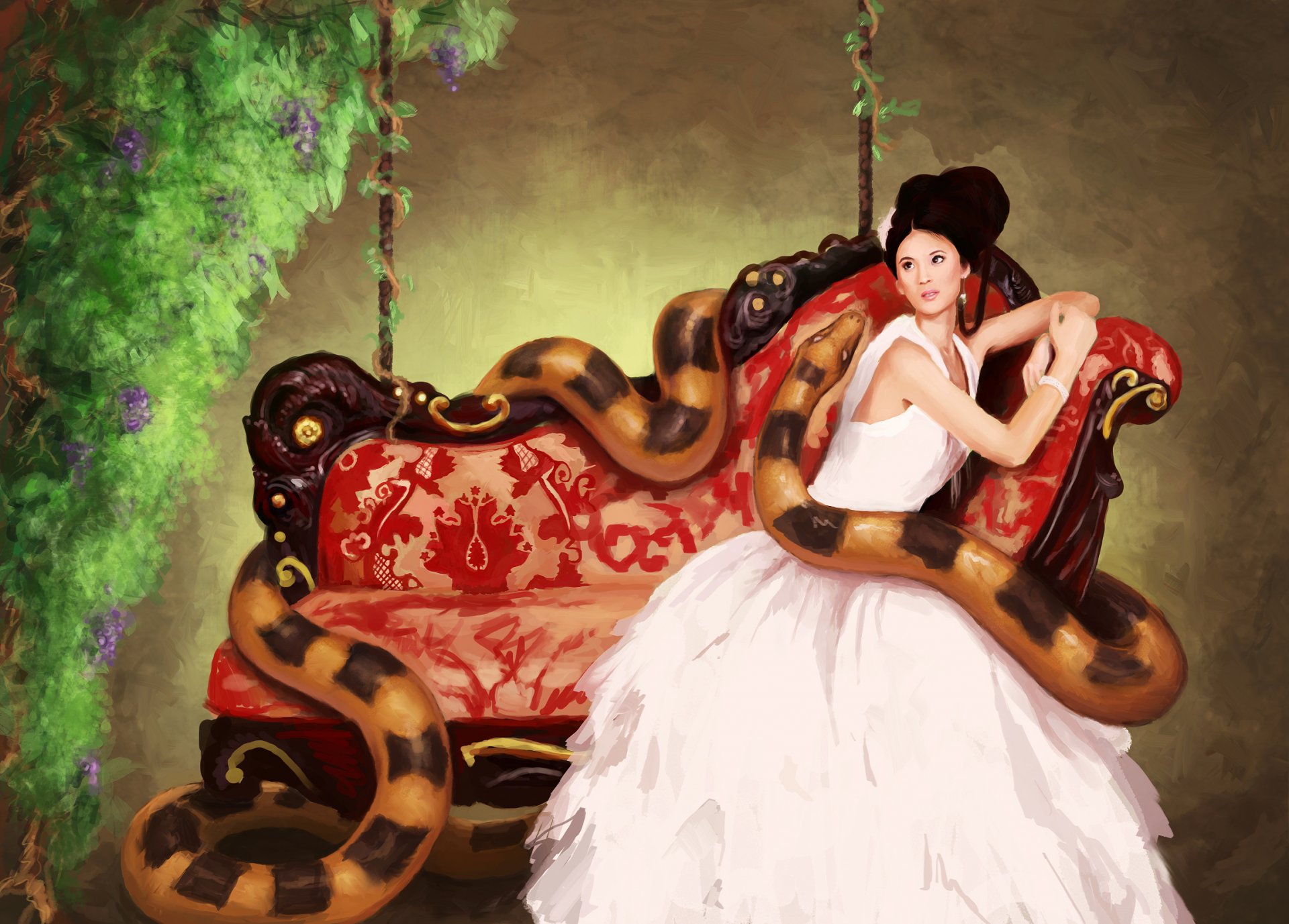 art sanguisgelidus girl sofa snake dress flower