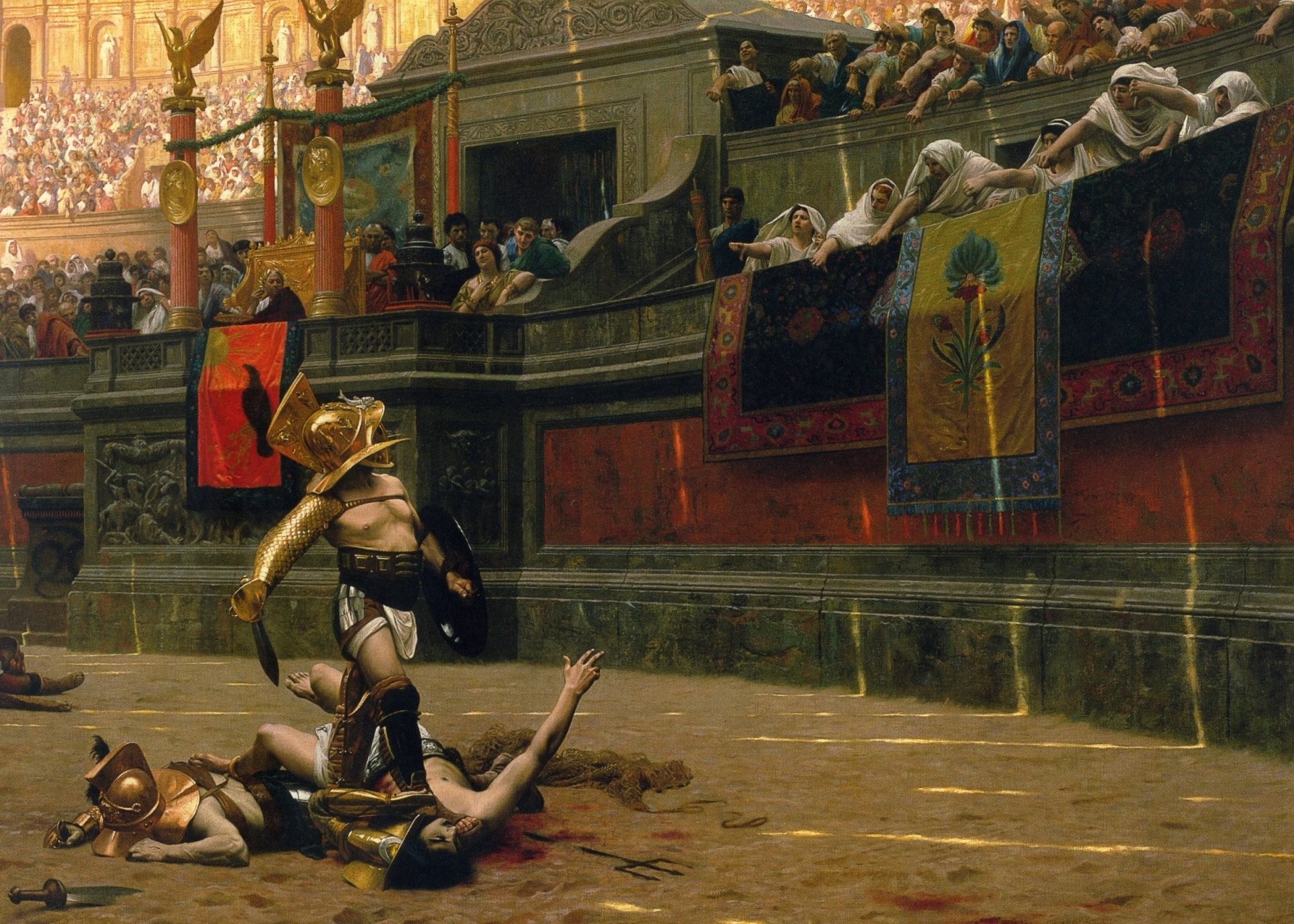 gladiateur combat mort ou vie rome empire arène foule peuple colisée pain et spectacle combattant guerrier casque peinture bataille duel vie ou mort sang sable