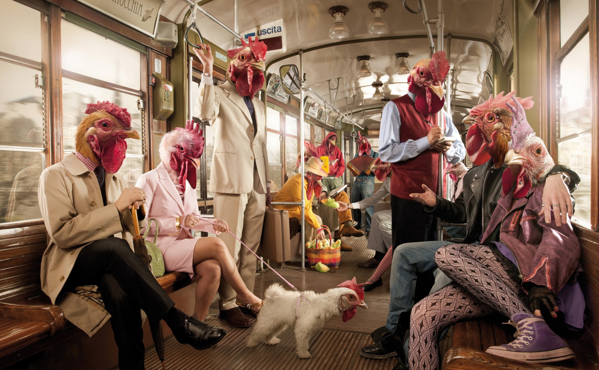 underground car chicken rooster people rendering