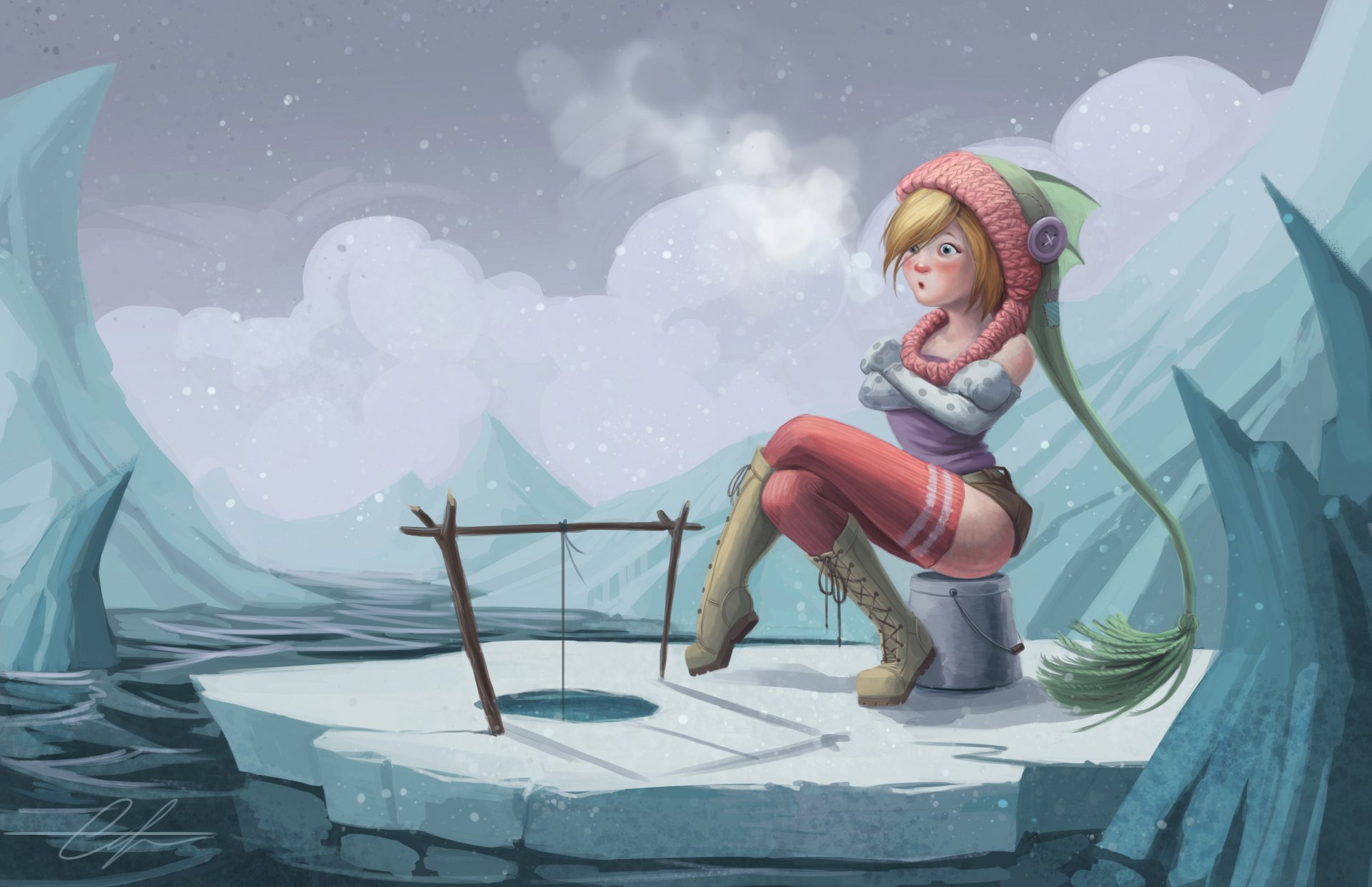 naketoast girl frozen winter fishing do not bite snow ice floe