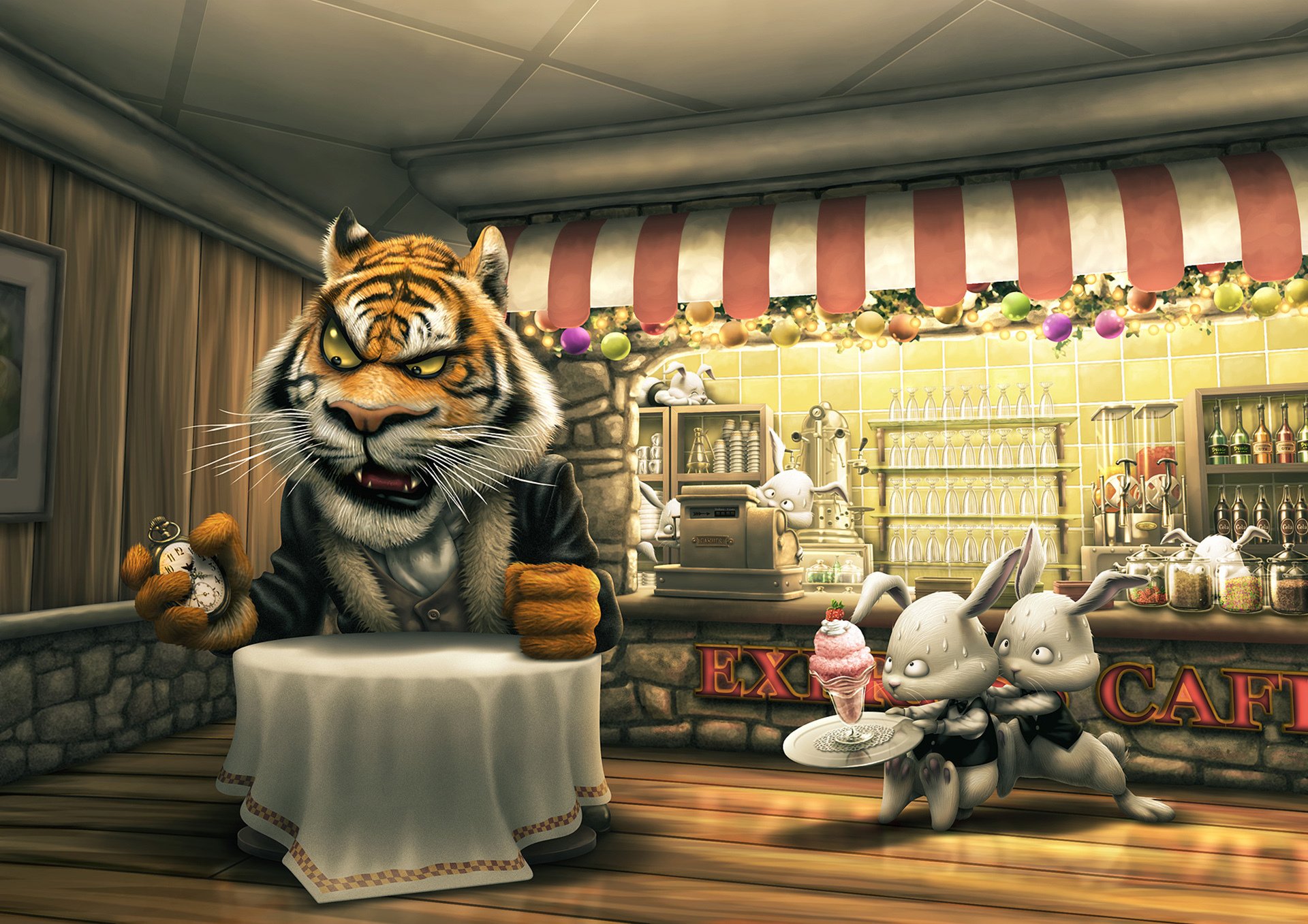 tiger rabbits the client cafe table checkout ice cream watches box office waiters late