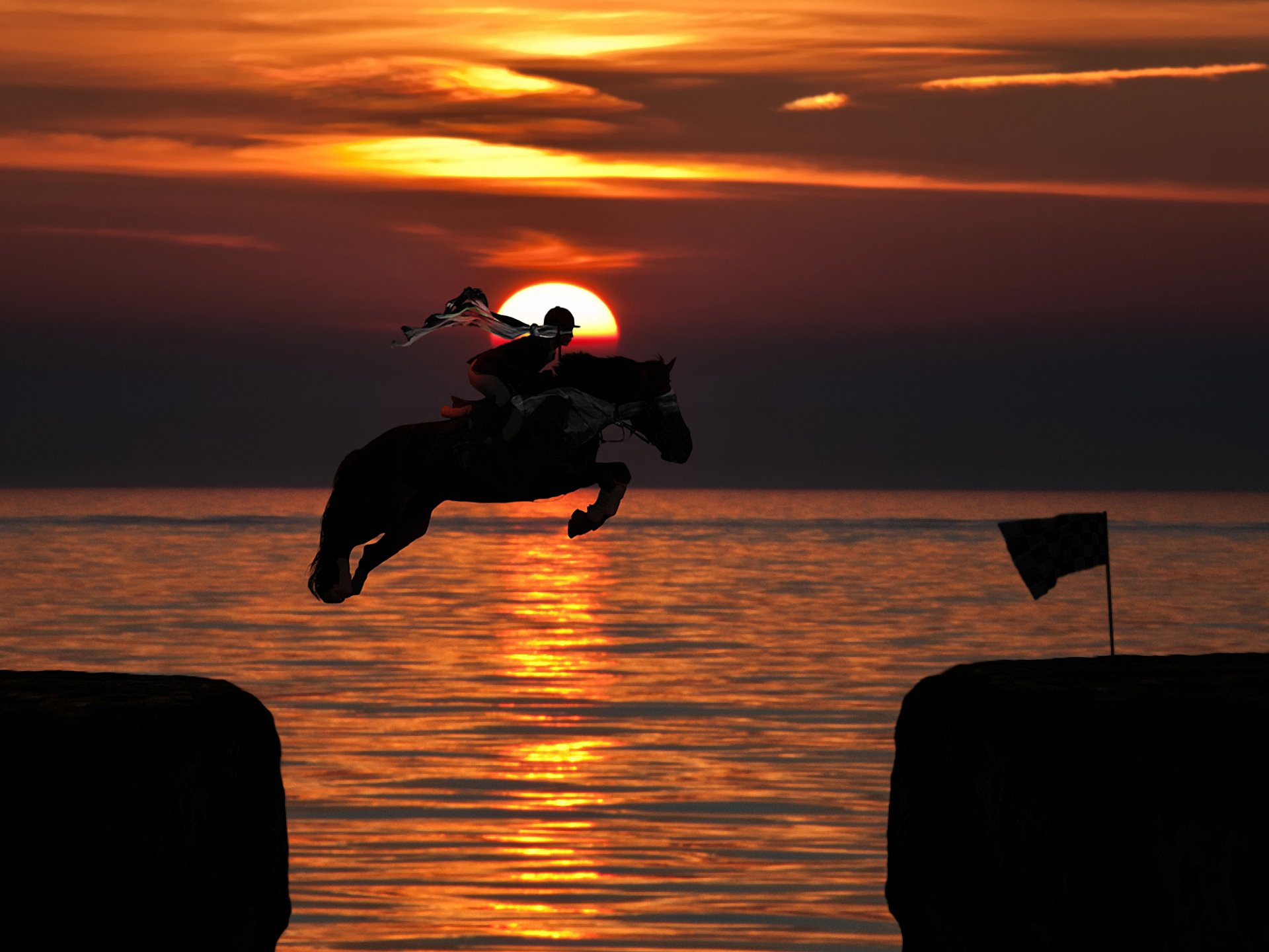 cavalier cheval saut soleil coucher de soleil océan