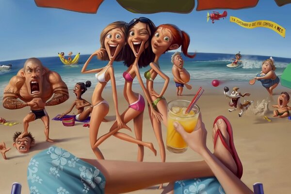 Fröhliche Zeichnung auf dem Hintergrund des Meeres mit Mädchen