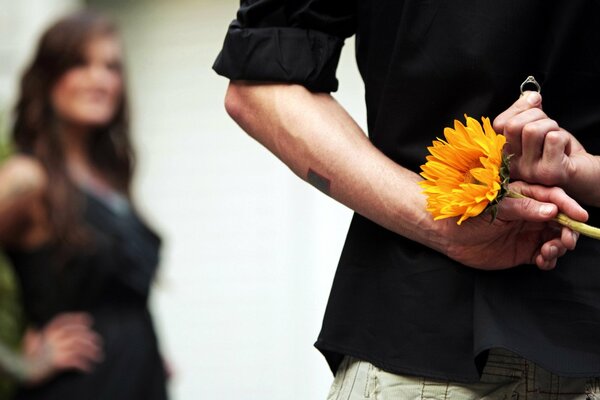 Un gars avec une fleur et une bague fait une proposition à une fille