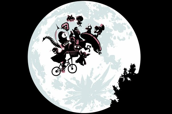 Monsters on a bicycle on the background of the moon