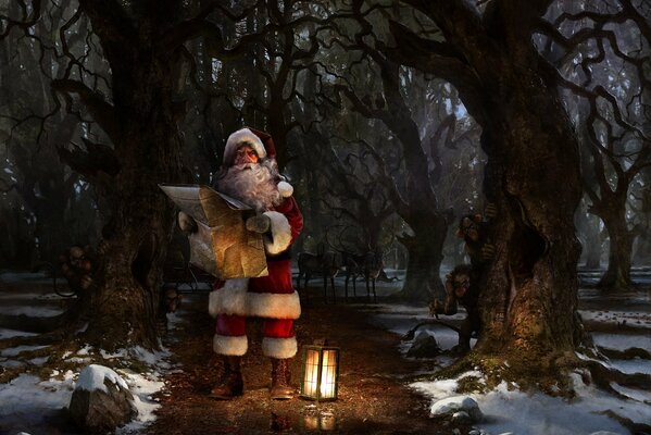 Drawing of Santa Claus lost in the forest