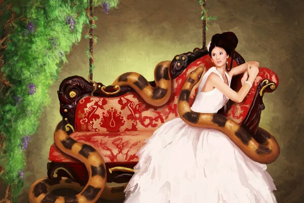 Dziewczyna w sukni ślubnej siedzi na kanapie z wężem
