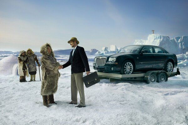 The Chukchi who bought a Chrysler car shakes hands with the seller