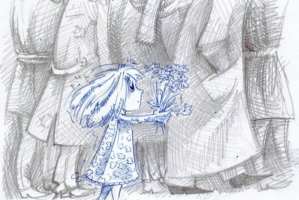 Drawing of a little girl near a crowd of adults