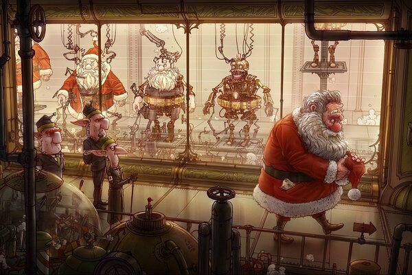 Art by Mikhail Dziekan Santa Claus and elves at the factory