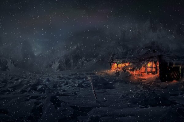 Casa in mezzo alla tundra di notte innevata