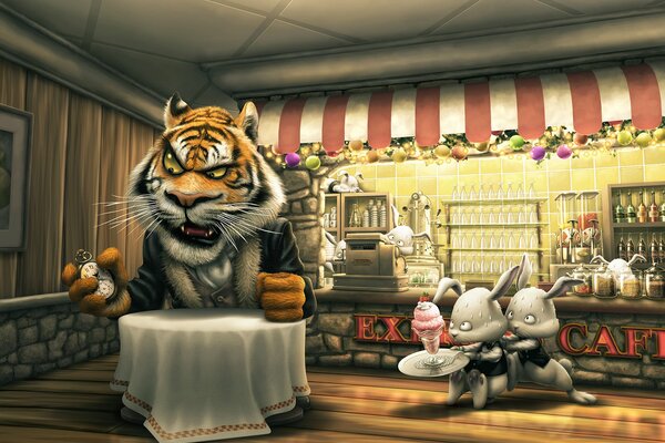 Art Tiger se sienta en un café y espera su pedido. Los conejos tienen miedo de servir a un tigre