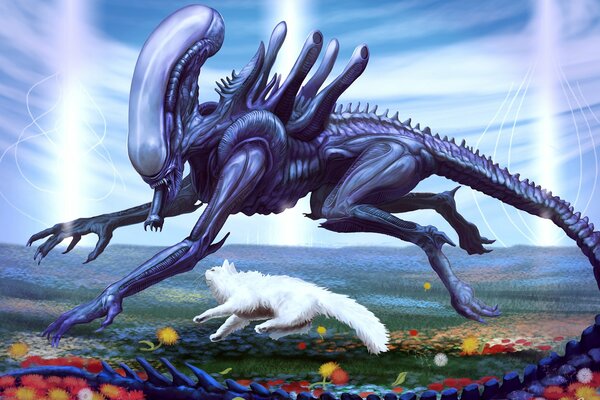 Alien con un gatto che corre attraverso il campo