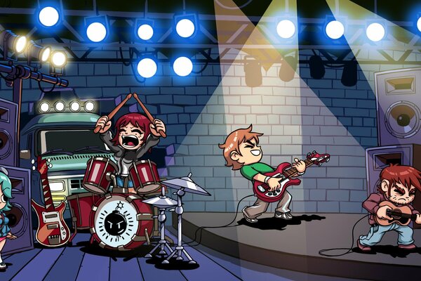 Cartoon band with bass guitar and percussion instruments