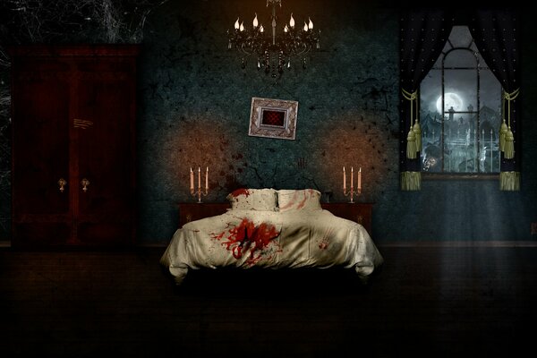 A terrible house, a bed covered in blood