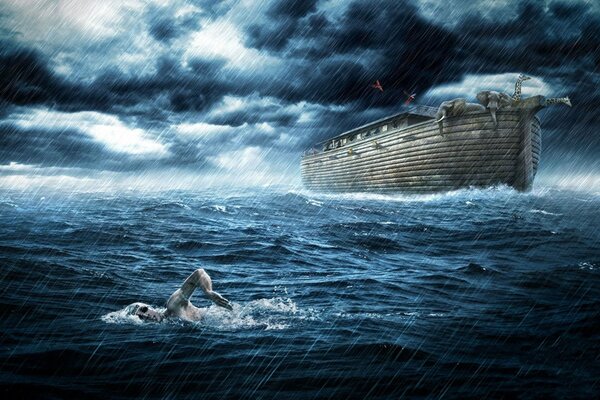 Sportowiec pływa w burzy na morzu