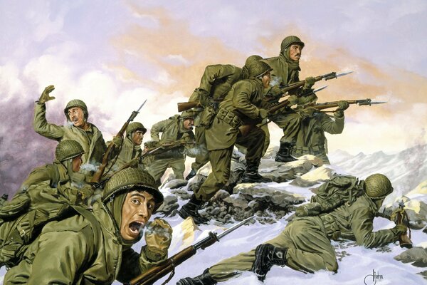 Disegno, guerra, soldati vanno in battaglia