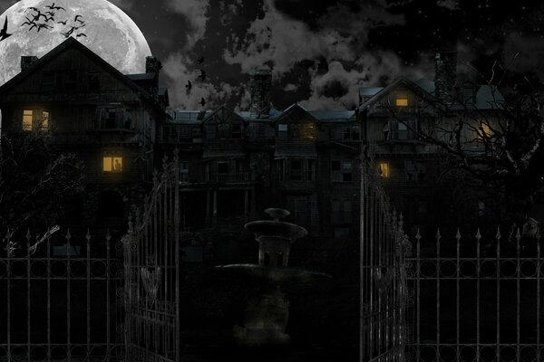 Дома в чёрной ночи на фоне полной луны