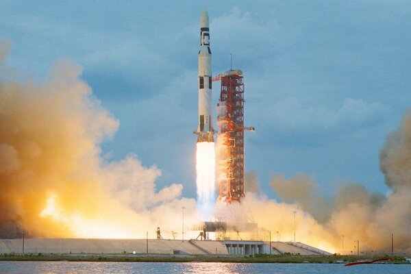 Rocket launch from the cosmodrome. Smoke, fire, takeoff