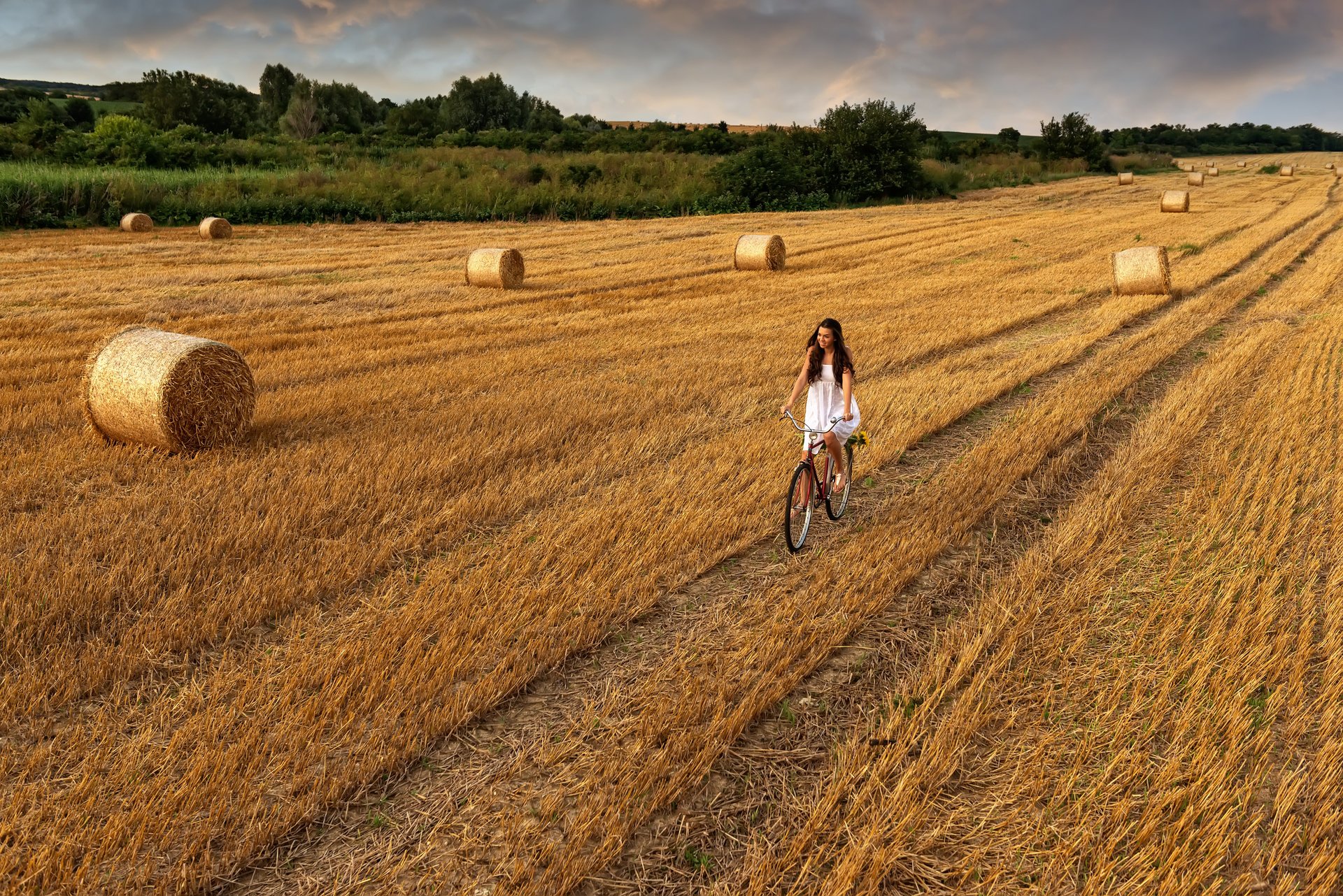 the field hay sky clouds road bike girl walk field road bike