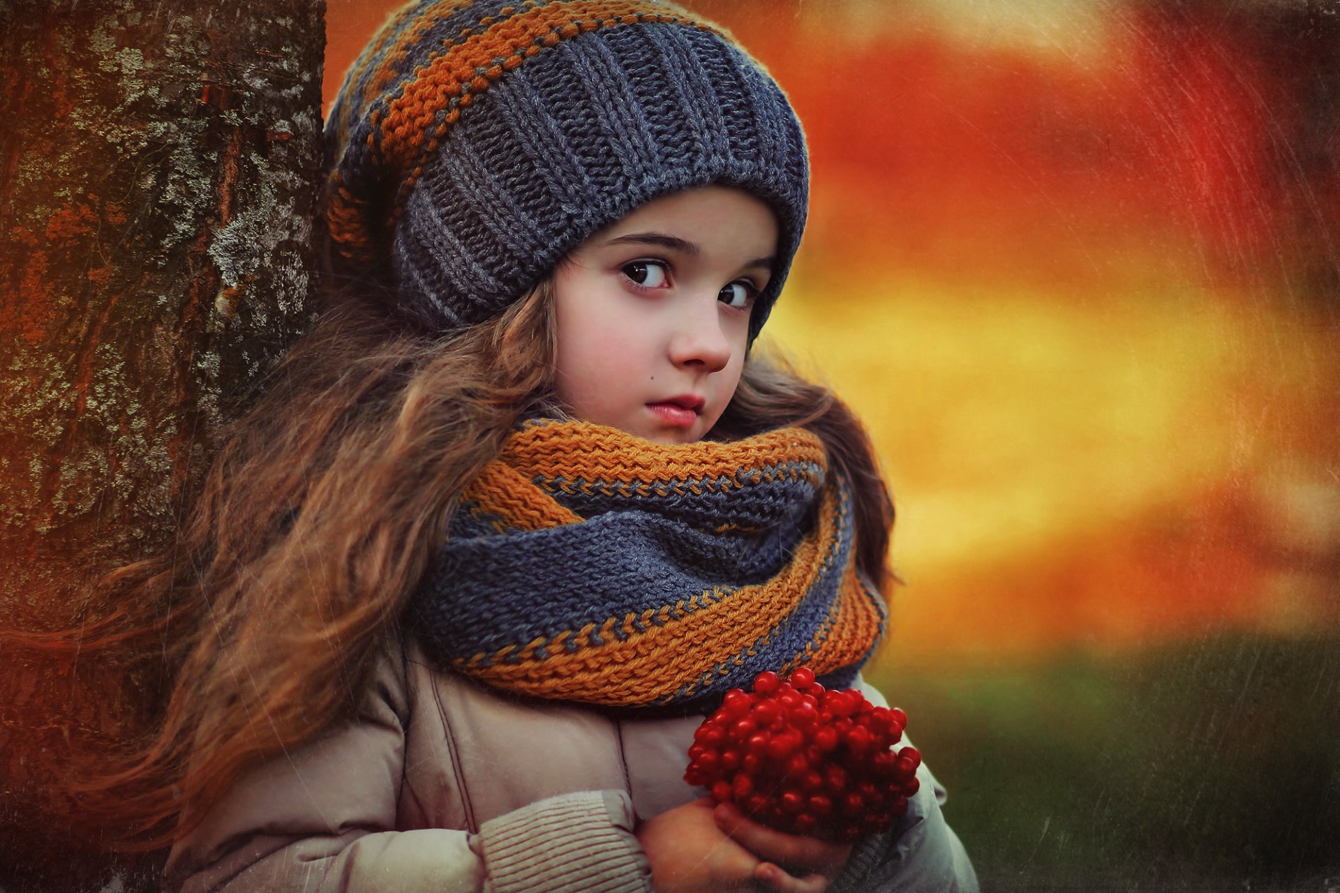 girl children nature autumn tree berrie