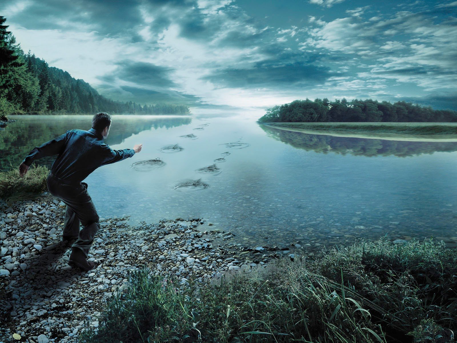 river forest man men stones sky grass cloud