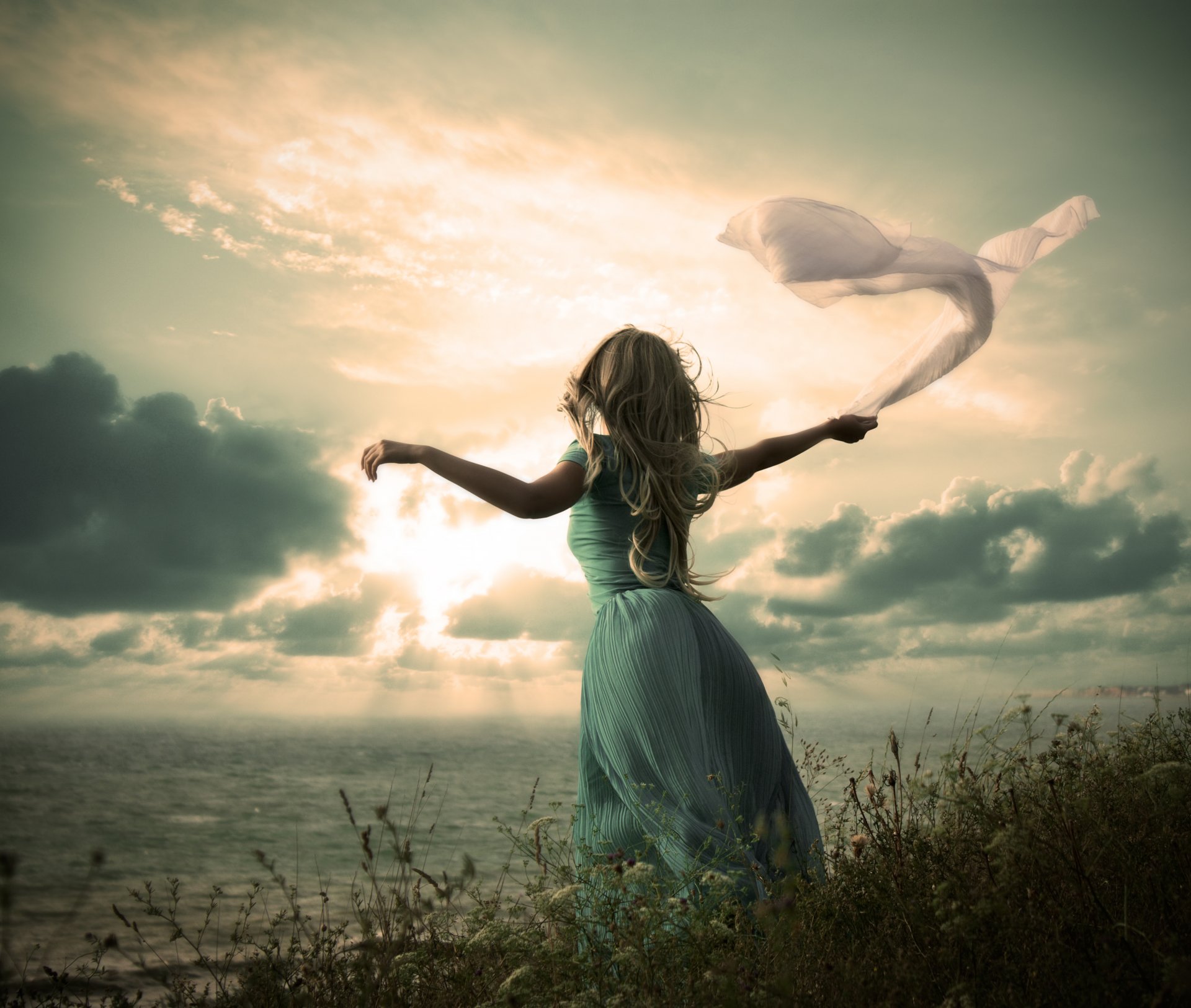 girl dress hair curls hands cloth sea clouds sky