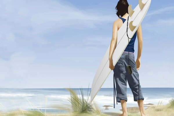 Surfeur sur la plage, dessin de la mer