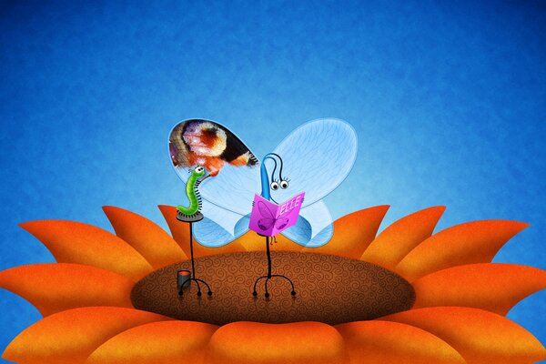 There is a caterpillar and a butterfly on the flower