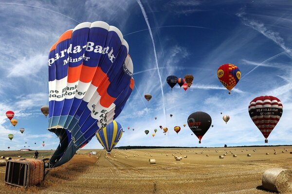 Desfile de globos en el cielo azul