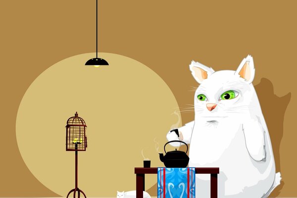 Monster white cat brews a kettle